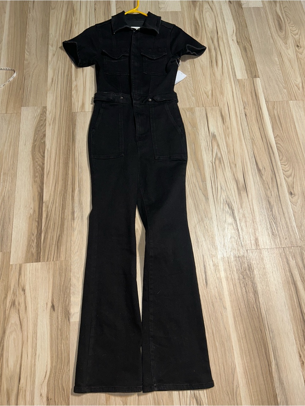 Good American Black Short-Sleeve Denim Jumpsuit with Flared Legs
